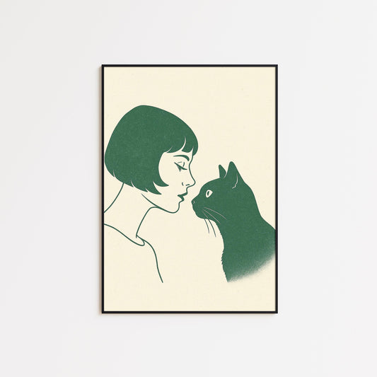 Woman and Cat Minimalist Poster – Emotional Line Art Print, Cozy Neutral Wall Decor