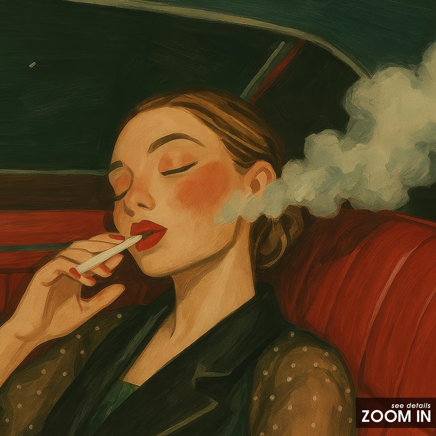 Retro Smoking Girl Art – Moody Red Interior Femme Fatale Poster Print