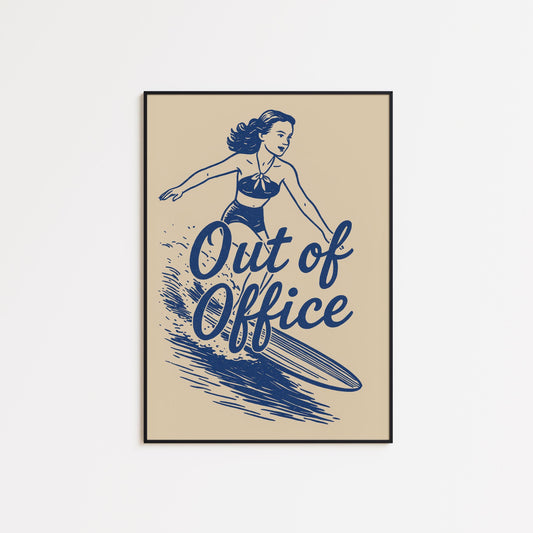 Out of Office Poster – Retro Surfer Cowgirl Wall Art Print