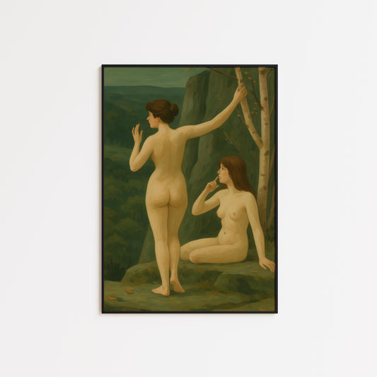Forest Nudes Poster – Feminine Nature Art With Earthy Green Tones & Pastoral Scene