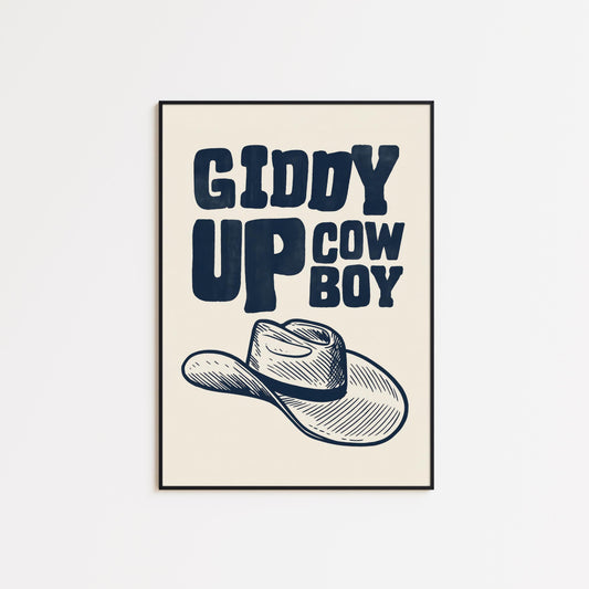 Giddy Up Cowboy Poster – Western Hat Print in Navy Blue