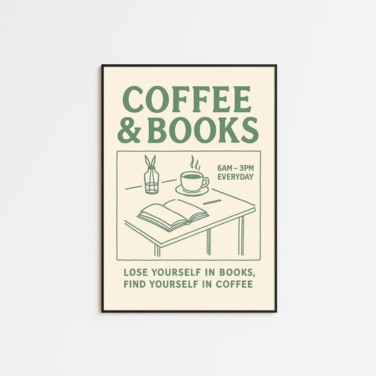 Minimalist Café Wall Art – Coffee Poster with Vintage Book Lover Print