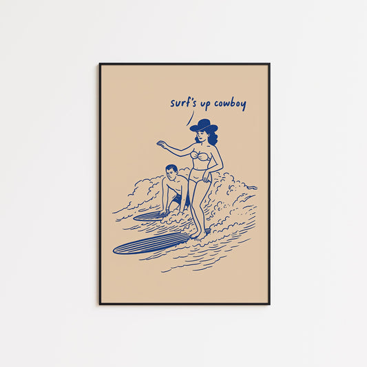 Retro Cowgirl Surf Art – Playful Western Beach Decor With Comic Style Illustration