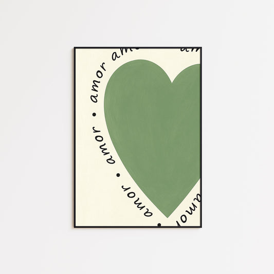 Amor Heart Poster – Minimalist Love Art | Retro Wall Art With Green Heart