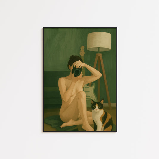 Feminine Intimate Wall Art – Self Portrait Art with Woman and Cat Poster
