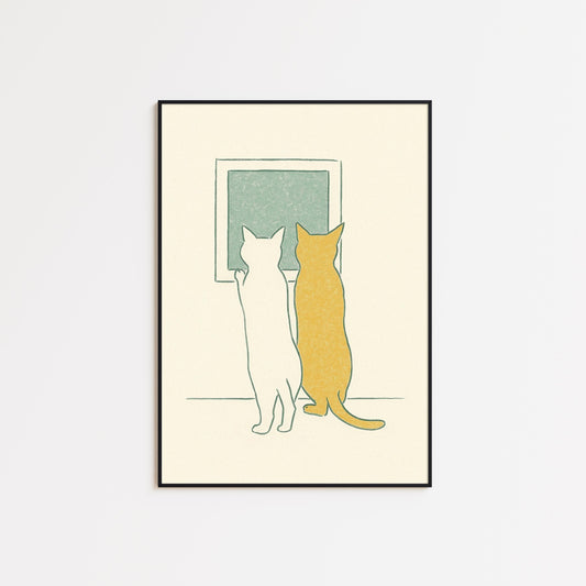 Companion Cats – Minimal Line Art Poster, Two Cats at Window Illustration