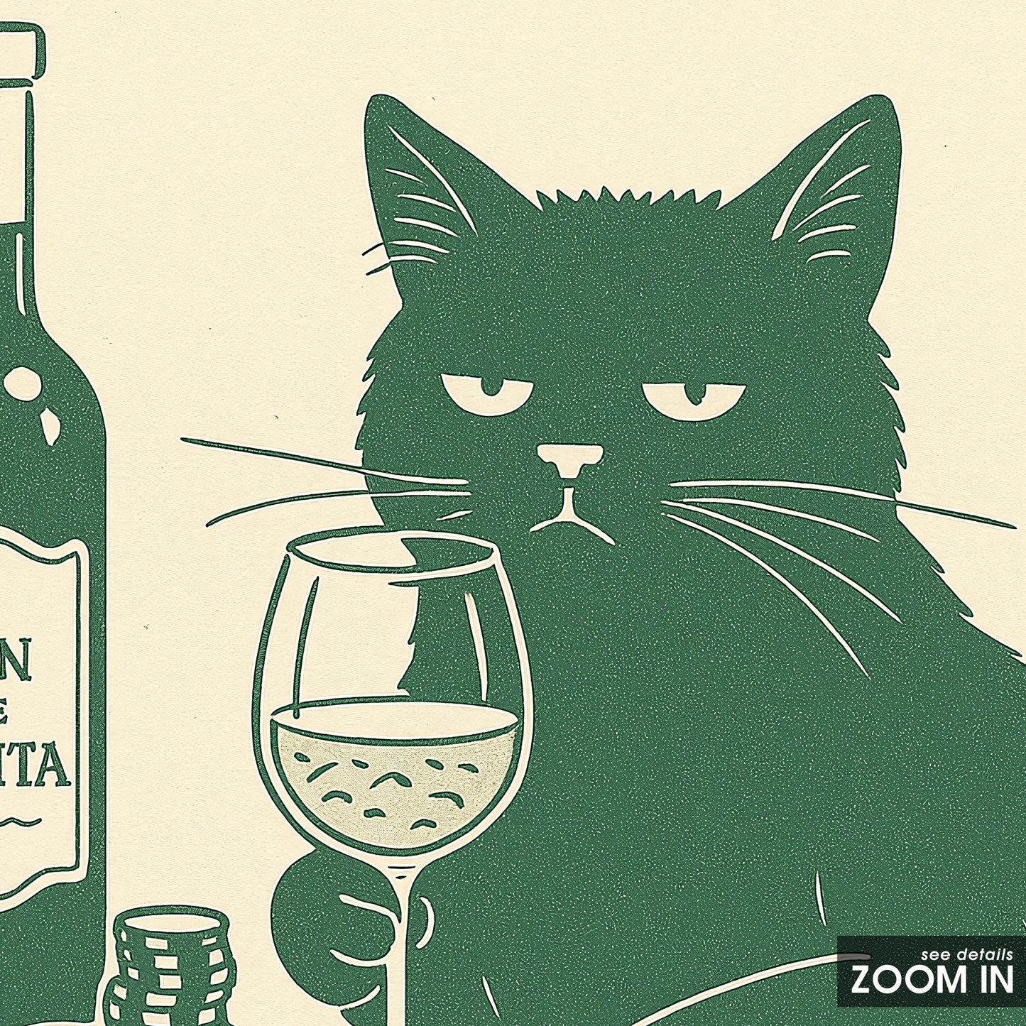 Wine and Cheese Cat Poster – Funny Minimal Line Art, Sophisticated Cat Wall Print
