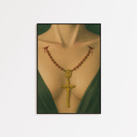 Provocative Religious Art – Rosary Art Print with Gold Crucifix and Sensual Gothic Imagery