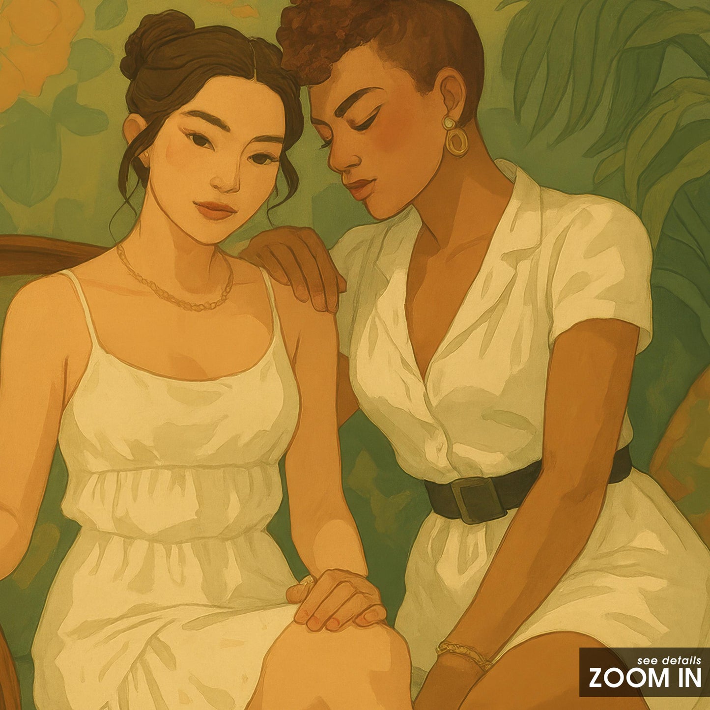 Lesbian Wall Art – Queer Couple Print With Feminine Vintage Floral Intimacy