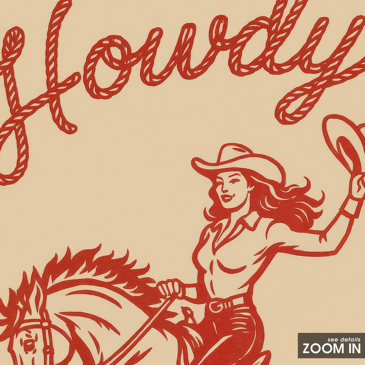 Howdy Cowgirl Wall Art – Vintage Western Female Rider Print in Red