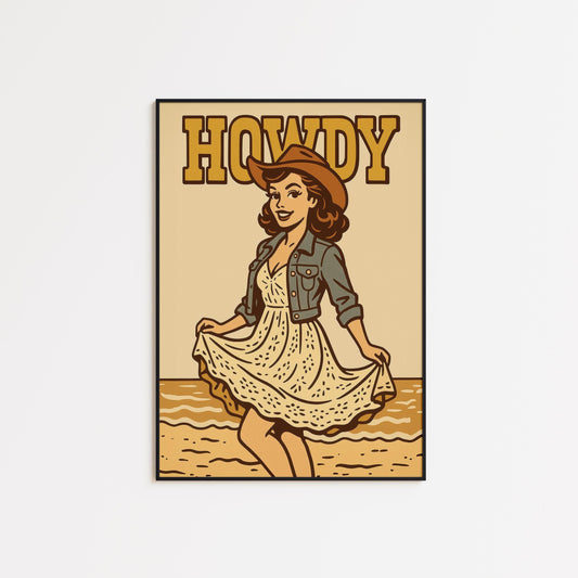 Howdy Retro Cowgirl Poster – Pin-Up Beach Western Art Print