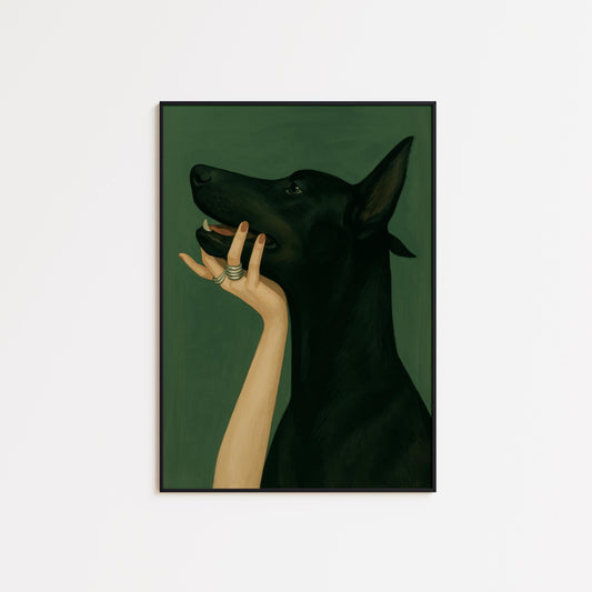 Black Dog Art Print – Witchy Wall Decor with Feminine Hand & Gothic Animal Art