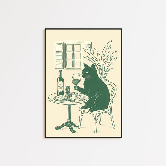 Wine Cat Poster – Elegant Minimal Line Art, French Café Style Wall Print