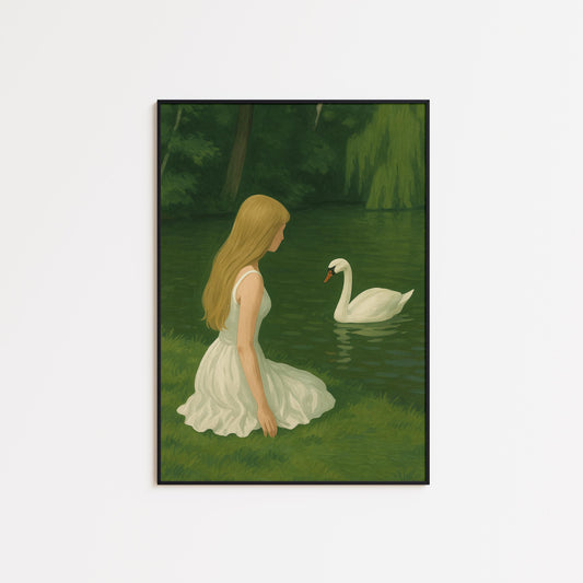 Girl Swan Poster – Dreamy Green Poster | Elegant Nature Wall Art