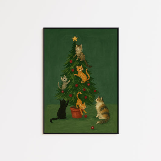 Christmas Cat Poster – Playful Multi-Cat Christmas Tree Holiday Wall Art