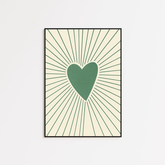 Green Heart Rays Poster – Minimal Love Wall Art with Retro Lines