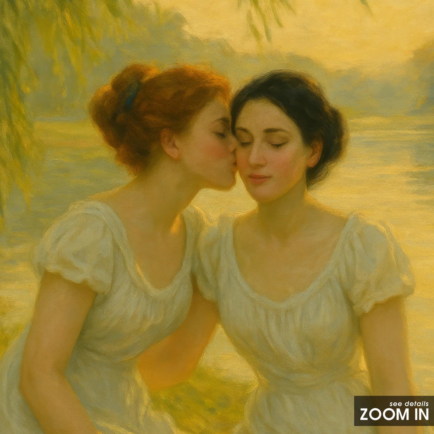 Romantic Sapphic Art – Riverbank Kiss Painting | Lesbian Fine Art Print