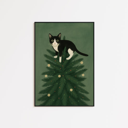 Christmas Cat Poster – Retro Holiday Wall Art With Playful Black and White Cat Design
