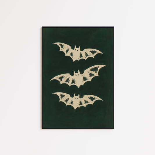 Vintage Bats Poster – Gothic Wall Art | Halloween Decor | Moody Green Bat Illustration
