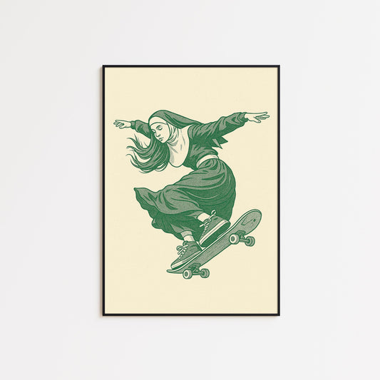 Skater Nun Poster – Bold Vintage Green Line Art Print
