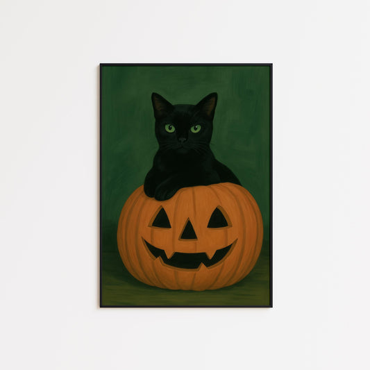 Black Cat Pumpkin Art – Halloween Wall Decor With Moody Autumn Colors
