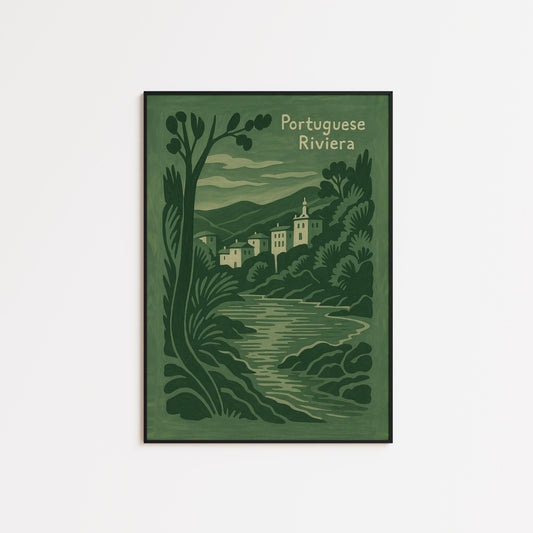 Portuguese Riviera Poster – Vintage Coastal Wall Art | Olive Green Mediterranean Decor