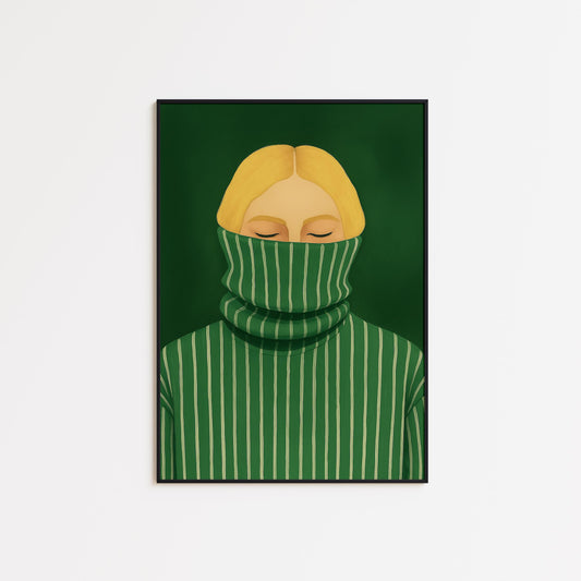 Minimalist Green Sweater Art – Moody Modern Portrait Wall Poster With Emotional Depth
