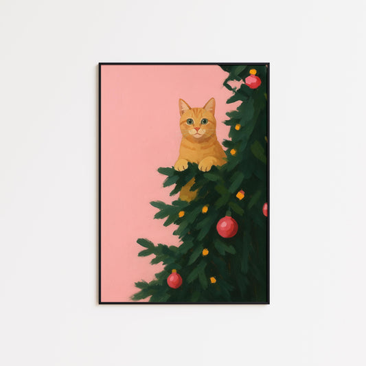 Christmas Cat Poster – Pink Retro Art | Cozy Holiday Wall Decor Gift