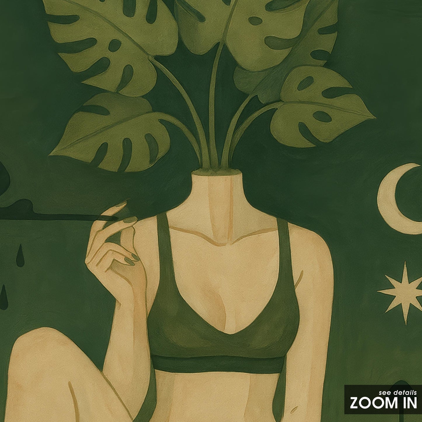 Botanical Goddess Wall Art – Mystical Green Muse Monstera Leaf Print