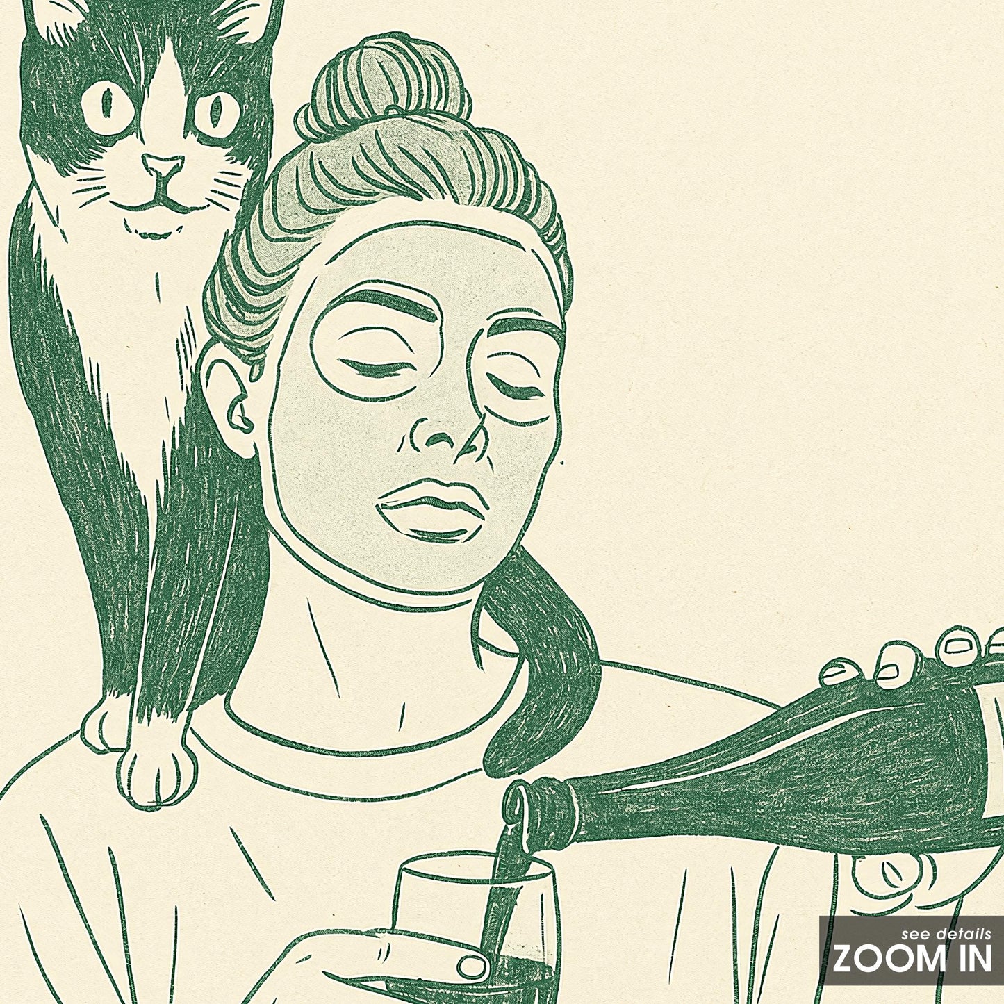 Cat and Wine Line Art Print – Self Care Wall Art, Minimalist Home Decor Poster