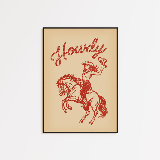 Howdy Cowgirl Wall Art – Vintage Western Female Rider Print in Red