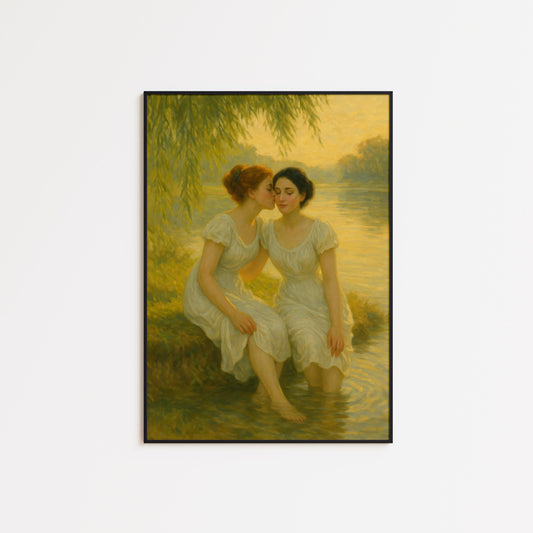 Romantic Sapphic Art – Riverbank Kiss Painting | Lesbian Fine Art Print