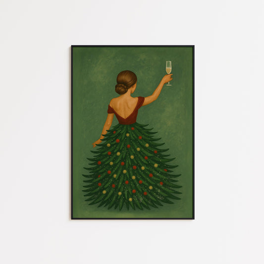 Christmas Tree Dress Poster – Elegant Holiday Wall Art With Festive Woman Print