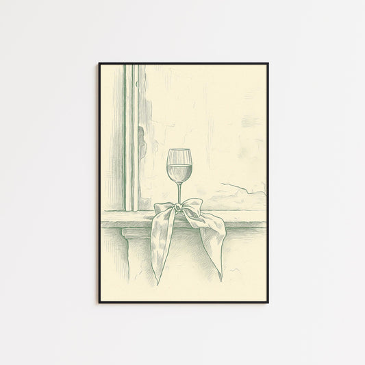 Wine Glass with Ribbon Poster – Minimal Line Art Print, Romantic Vintage Wall Decor