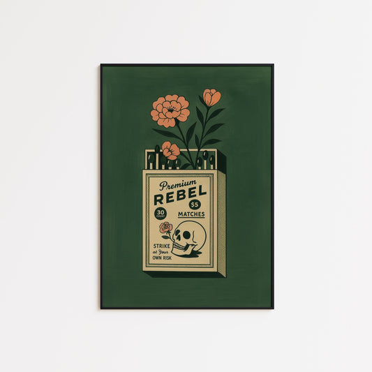 Vintage Skull Poster – Retro Matchbox Design | Floral Skull Artwork & Dark Academia Decor
