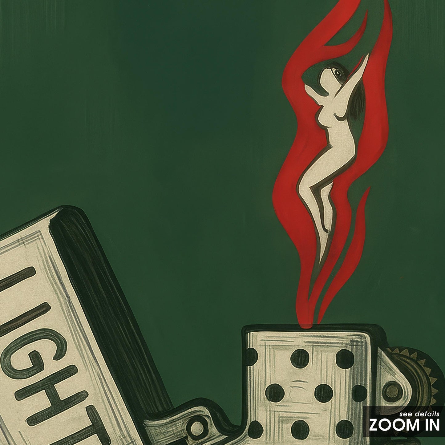 Retro Lighter Art Print – Bold Green Wall Decor With Flame Woman Illustration