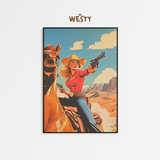 Vintage Cowgirl Poster – Bold Retro Western Woman with Guns