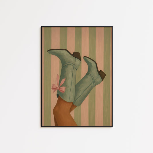 Mint Cowgirl Boots Poster – Feminine Western Wall Art with Retro Stripes & Pink Bow