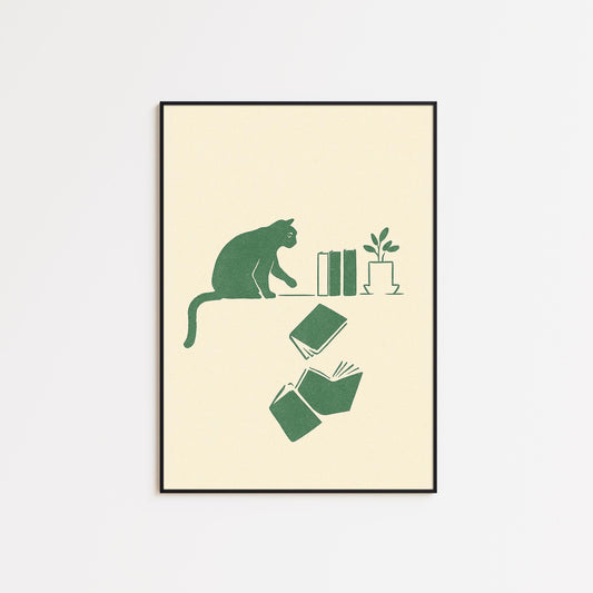 Curious Cat and Books – Minimal Line Art Poster, Cozy Literary Wall Print