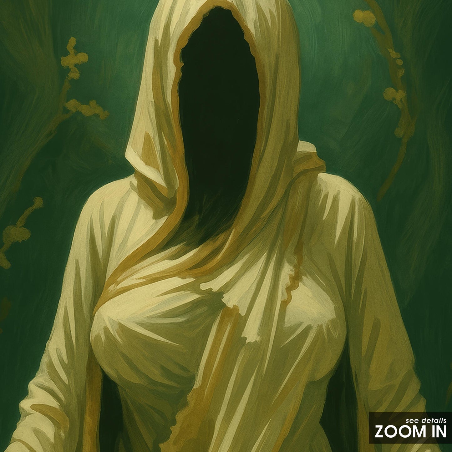 Faceless Hooded Figure Poster – Gothic Mystical Wall Art in Dark Green Tones