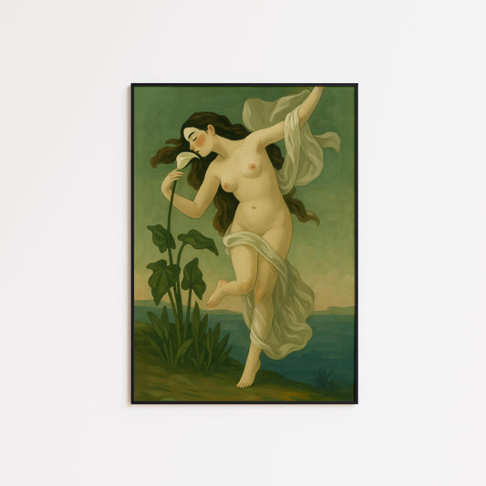Nude Goddess Poster – Romantic Wall Art With White Lily & Mythical Elegance