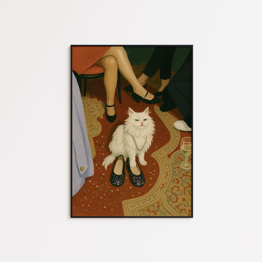 White Cat Poster – Elegant Vintage Cat Print | Chic Party Wall Art