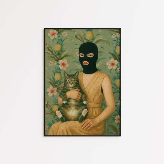 Masked Woman Poster – Surreal Wall Art With Cat, Vintage Gouache Print