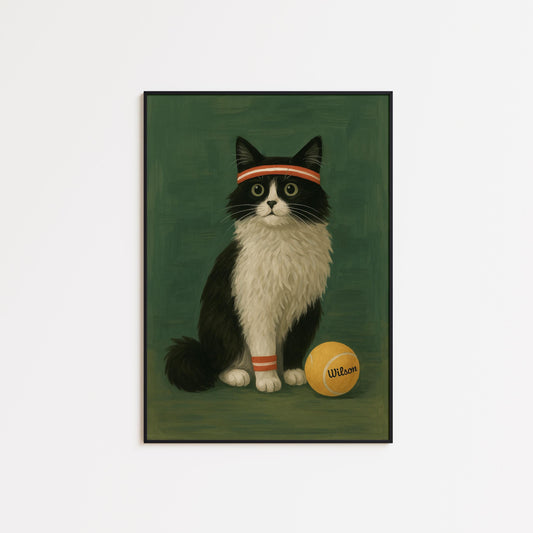 Tennis Cat Poster – Playful Gouache Cat Illustration | Vintage Sports Wall Art