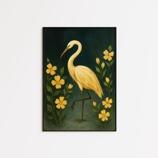 Golden Crane Wall Art – Elegant Floral Bird Artwork with Yellow Flowers