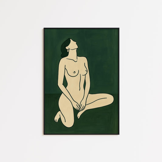 Minimalist Nude Poster – Modern Line Drawing Female Wall Art in Earthy Green