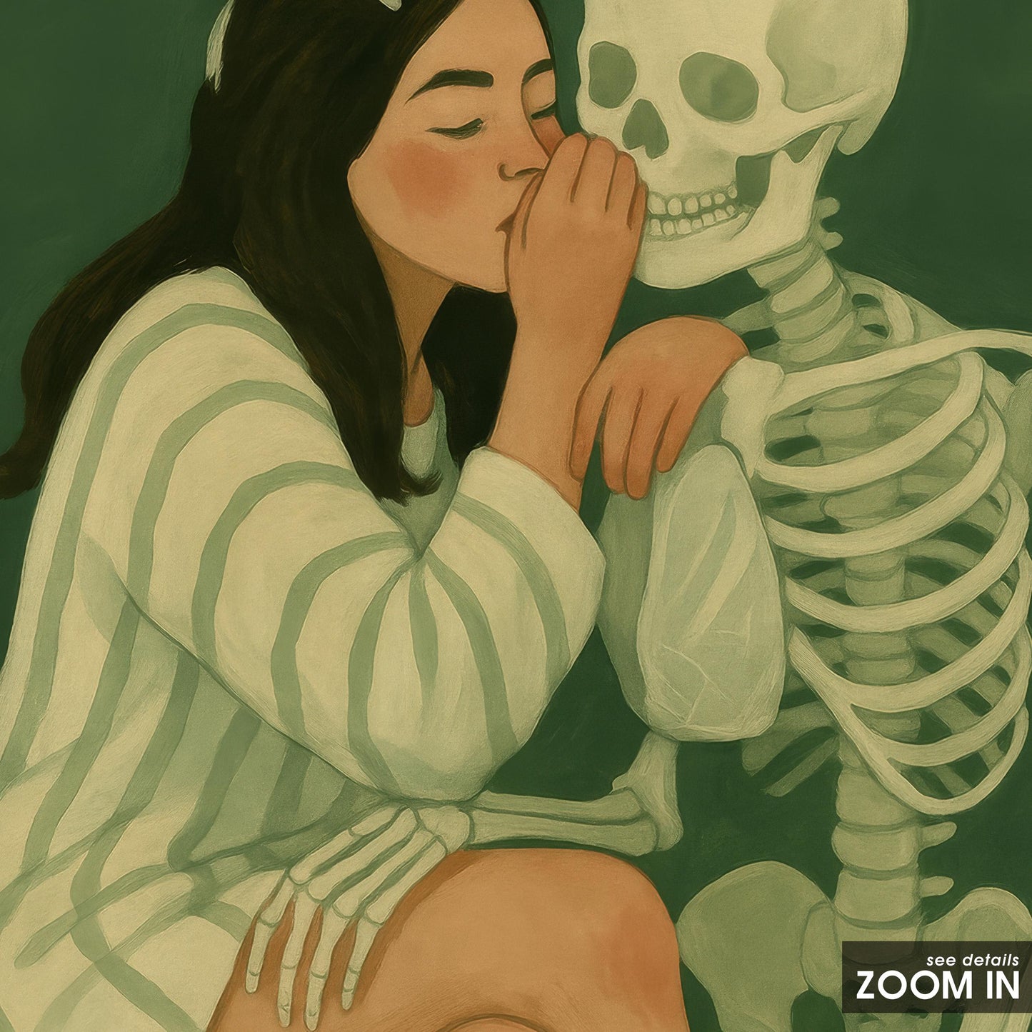 Dark Surreal Wall Art – Gothic Love Skeleton Print With Deep Green Moody Decor