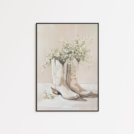 Neutral Cowgirl Boots with Daisies – Rustic Western Floral Art Print