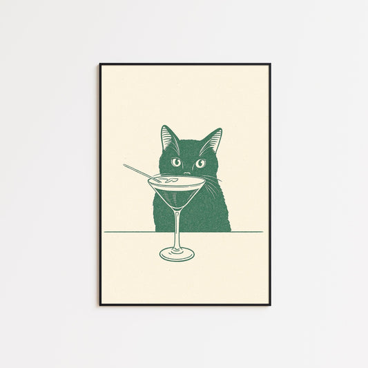Cat Martini Poster – Retro Bar Art | Minimalist Vintage Cat Print