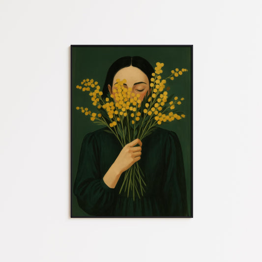 Minimal Floral Poster – Girl With Mimosa, Moody Green Yellow Print, Quiet Feminine Decor